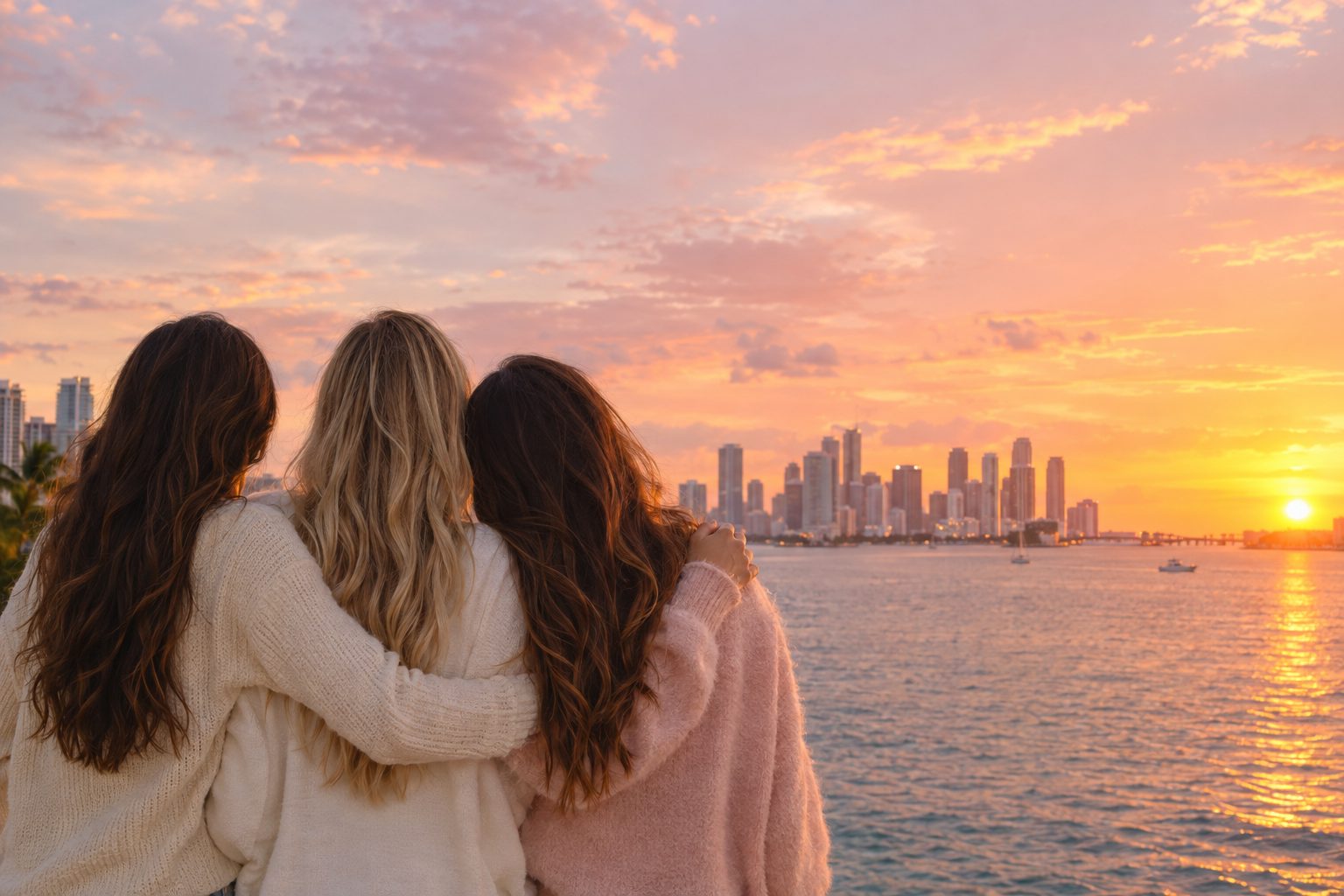 Three women with their arms around each other look out at a Miami sunset